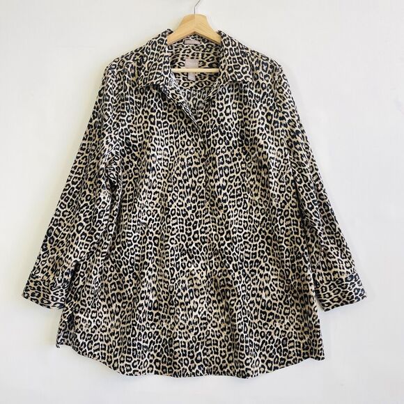 Chico's Leopard Long Sleeve Roll Tab Oversized Button Front‎ Shirt Womens 3 XL - Picture 1 of 7